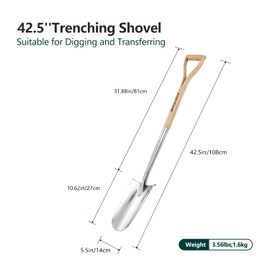 Berry&Bird Trenching Shovel, Garden Drain Spade Shovel with Wood Handle, 42.5" Stainless Steel Gardening Planting Spade, Heavy Duty Root Cutter Shovel Trench Shovel for Digging Transplanting & Edging