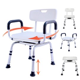 360°Swivel Shower Chair for Inside Shower, Shower Seats for Seniors with Arms and Back, Height Adjustable Tub Transfer Bench for Bathtubs,Pivoting Shower Stool (White-Gray, Small)