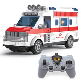 Qutumill 1/30 Remote Control Ambulance, 2.4G RC Play Ambulance Car Toy 4 Channel Electric Ambulance Vehicles Emergency Rescue Cars with Lights, Opening Door