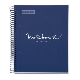 Miquelrius - Notebook A5 notebook, 1 coloured strip, 80 sheets with horizontal ruling 7 mm, paper 90 g/m² micro-perforated with 2 holes for 2 rings, cardboard cover, colour navy blue