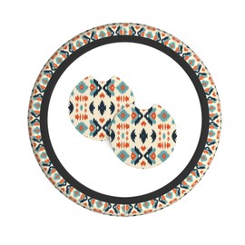 Aztec Steering Wheel Cover with 2 Car Coasters Non Slip Neoprene for Women Men Universal 15 Inch
