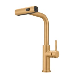 Modern Single Handle 360° Swivel Stainless Steel Waterfall Kitchen Faucet with Pull Sprayer Single Hole Kitchen Sink FaucetColor: Gold, Surface Finishing: Gold