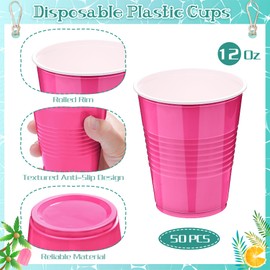 Kochorie 50 Pack Hot Pink Disposable Plastic Cups 12 Ounce Drinking Party Cups Bulk Party Cups for Wedding Birthday Graduation Christmas Parties, Picnics Events