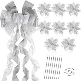 Tigeen 48 x 13 Large Christmas Tree Bow Topper with 8 Pcs 5.5" Attachable Poinsettia Flowers Glitter Snowflakes Burlap Bow Holiday Hanging Ornaments(Silver Snowflake, Silver Snowflake)