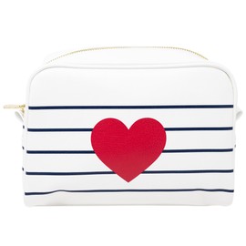 Draper James Striped Cosmetic Bag with Heart, Zippered Travel Makeup Pouch with Interior Organization and Outside Pockets, Navy Stripes and Heart