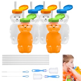 Botellas en Forma de Oso 6 Piezas, Vaso para Beber Jugo, Vaso Entrenador con Popote, Con Cepillo para Limpiar Paja, Biberones de Terapia de 230 ml, Grado Alimenticio, Sin BPA