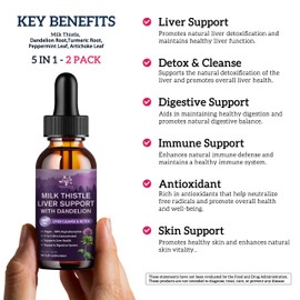 (2 Pack) Milk Thistle Liquid Drops Silymarin 1000mg, Liver Supplement Detox & Cleanse with Dandelion & Artichoke, Milk Thistle Organic Extract for Support Repair Liver Health, Vegan, Non-GMO, 1 Fl Oz