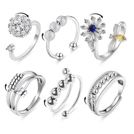 6PCS Anti Anxiety Fidget Ring for Women, Open Adjustable Ring, CZ Cubic Zirconia Diamond Rings, Rotatable Bead Rings, Bee Daisy Rings Set for Women Stress Relief