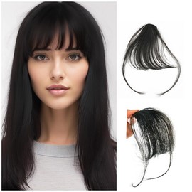 Hair Clip in Bangs Wispy Human Hair Bangs Hairpieces for Women Fringe Neat Faker Bangs with Temples Hairpieces for Party and Daily Wear（Wispy Bangs,Natural Black）
