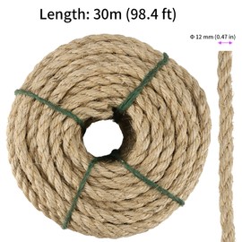 JEUIHAU 100 Feet 1/2 Inch Jute Rope Natural Sisal Fiber Rope, 3 Strand Twisted Manila Ropes, Hemp Ropes for Crafting, Hunting, Camping, Bundling, Gardening Applications
