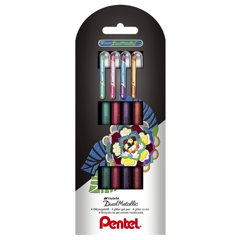 Pentel K110-4COL Dual Metallic Hybrid Gelroller, verschiedene farb-Effekte auf Hellem/Dunklem