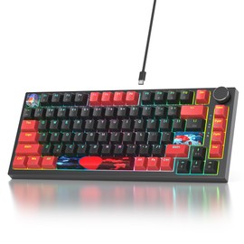 Ussixchare 75% Mechanical Gaming Keyboard Wired Gasket Mount Keyboard 82 Keys TKL Hot Swappable Keyboard RGB Backlit Knob for PC Laptop Windows Gamer(Red Black)