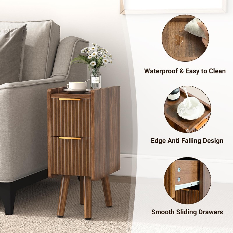 ELYKEN Narrow Side Table, Fluted Nightstand with Drawers, Wooden Small