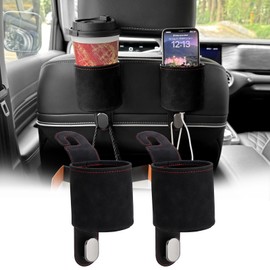 PIFOOG Purse Hook for Car Headrest Cup Holder Back Seat for 3.15 Inch Bottle Multifunctional Backseat Storage Hooks Holders with Charge Hole Hanger Organizer Universal Black Suede 2 Pack
