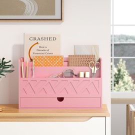 Wisuce Bamboo Mail Organizer Countertop Desktop with Drawer - Desk Organizer with File Organizer for Office Supplies Storage All-in-One Desk File Organizer with Pencil Holder (Pink)