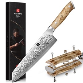 XINZUO Damascus 8.3 Inch Kiritsuke Chef Knife,Hand Forged High Carbon Steel Sharp Kitchen Cutting Knife,Comfortable Ergonomic Full Tang Figured Sycamore Wood Handle