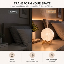 Mini Moon Humidifier for Bedroom Night Use – 200ml Cool Mist Aroma Diffuser with 3D Moon Lamp Glow