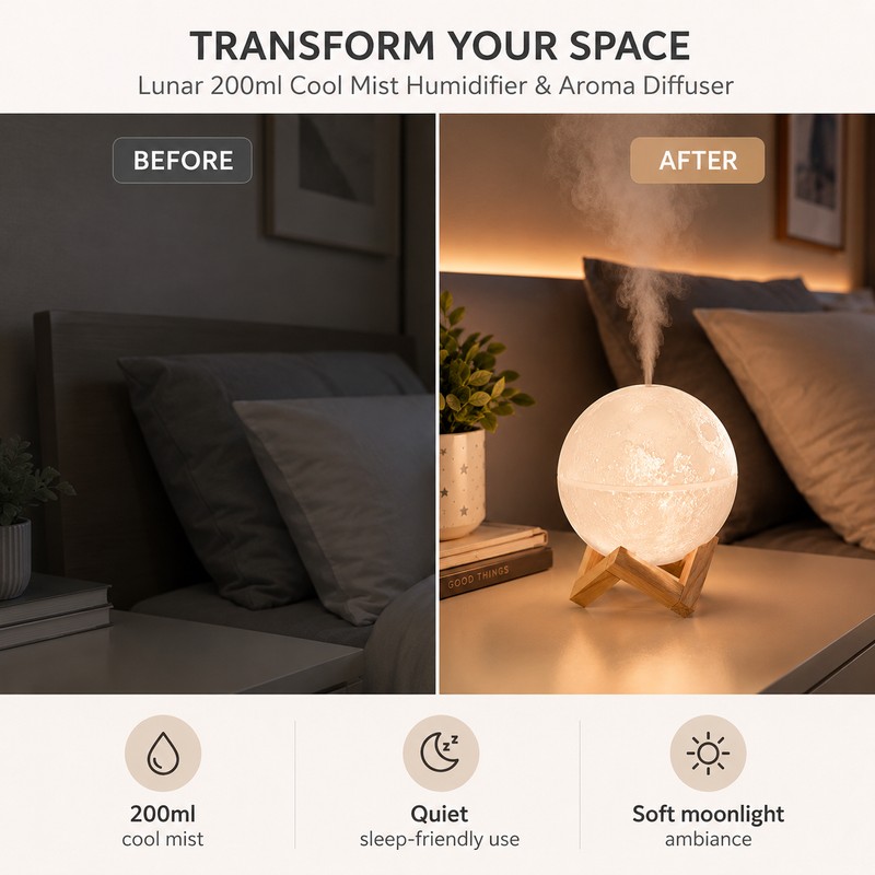 Mini Moon Humidifier for Bedroom Night Use – 200ml Cool