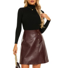Ginasy High Waisted Faux Leather Skirts for Women Dressy Casual Wrap Pleather Mini A Line Skirts Maroon