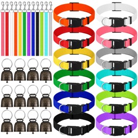 Huhumy 36 Pcs Goat Collar and Reflective Goat Rope with Sheep Grazing Copper Bells Set 12 Adjustable Nylon Collar and 12 Lead Rope with 12 Anti Lost Loud Bronze Bell for Farm Animal(Classic Color)