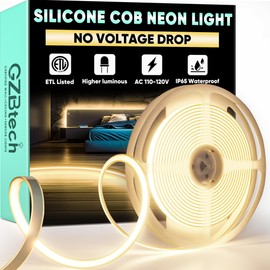 GZBtech Silicone COB Neon Rope Lights 16.4FT/5M, 2800K Super Bright Warm White Waterproof Neon Strip Light, AC 110-120V Flexible Soft Cuttable Tape Rope Lighting for Indoor Outdoor Home Commercial