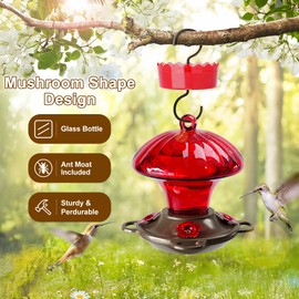 Hummingbird Feeder, Auslar 15 Ounces Glass Hummingbird Feeders for Outdoors Hanging Ant and Bee Proof, Ant Moat & 4 Flower Feeding Ports, Rustproof, Leakproof, Mushroom Shape, Red