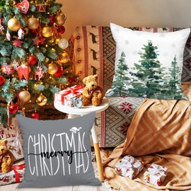 Lanpn 18x18 Christmas Throw Pillow Covers Set of 4, Winter Forest Outside Outdoor Decorative Holiday Pillow Case Cushion Cover 18 x 18 for Indoor Home Bedroom Sofa Couch Xmas Decor Grey