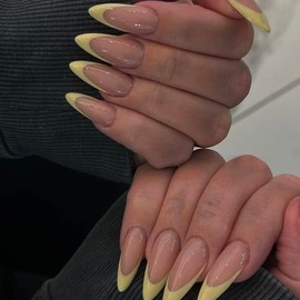 French Tip False Nails - Yellow Press on Nails Almond - Long Stiletto Acrylic Nails - Summer Nails Full Cover Fake Nails with Glue - Stick on nails for Women Girls