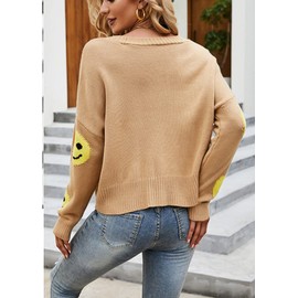 chouyatou Women's Loose-Fit Smile Face Jacquard Knitted Cardigan Sweater Jacket, Khaki, Large