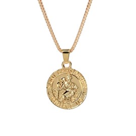 AILUOR St Christopher Medal Patron Saint of Travelers Catholic Protection Pendant Necklace, Gold Silver Tone Devotional Pendant with Prayer Card Jewelry Unisex (Gold)