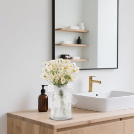 Fake Flowers in Vase,12Pcs Small White Daisy Flowers Artificial Arrangment with Glass Bud Vase for Centerpiece Table Decoration Faux Flowers for Spring Decor Daisy Birthday Party Decorations (White)