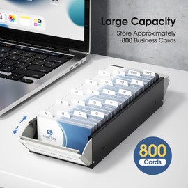 MaxGear Business Card Holder for Desk, Large Plastic Business Card Organizer Box, Credit Cards Holder File Box Storage, Capacity: 800 Cards (3.5” x 2.2”), A-Z Tabs, Metal Structure, Black