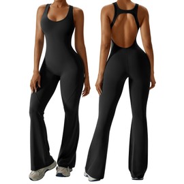 OEAK Womens Flare Jumpsuit Tummy Control Workout Romper Cutout Outfits Sleeveless Unitard Seamless One Piece Backless Bodycon Black M