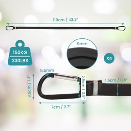 Belle Vous Black Bungee Cords/Tensioning Straps with Carabiner Hooks (4 Pack) - Elastic Heavy-Duty Cords for Fixing Luggage, Tent, Camping & Bicycles