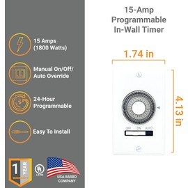 Diodesy- 24 Hour Mechanical in-Wall Timer Programmable Heavy Duty Manual Override ON/Off/AUTO Switch 20 Minute Interval 15 Amps 1800W Single Pole Dial Timer for Fans Motors Appliances Security Light