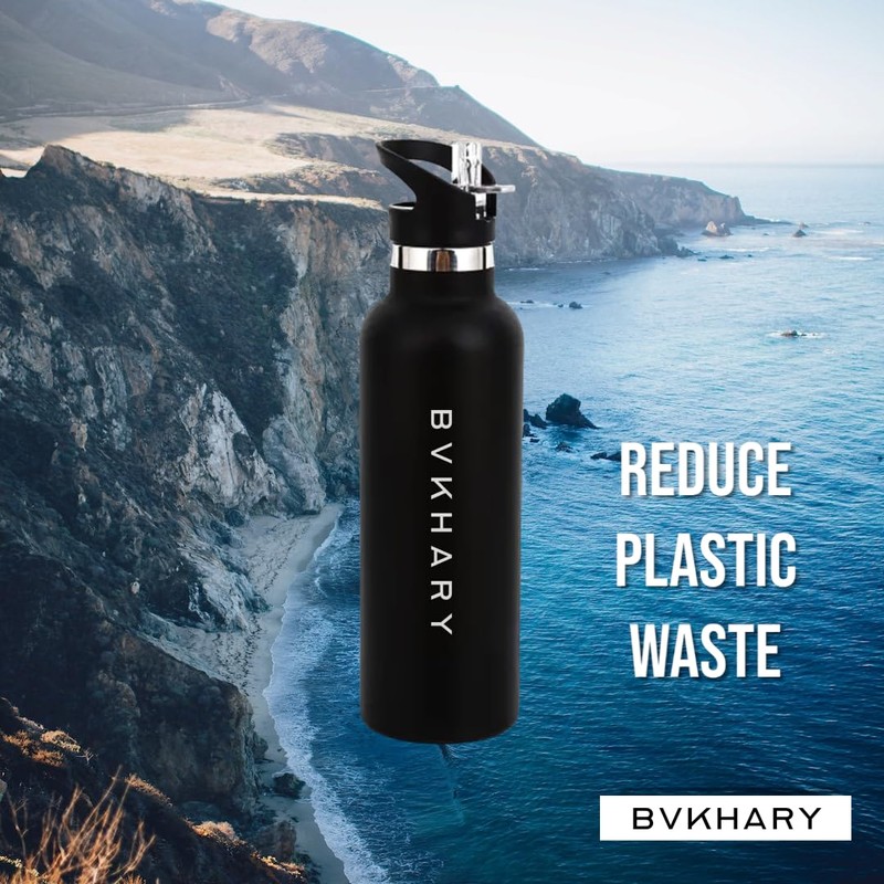 bvkhary 600ml Water Bottle With Straw | Stainless Steel Flip