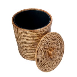 KOUBOO 1030073 La Jolla Rattan Round Waste Basket with Plastic Insert & Lid, 9.5" x 9.5" x 12.5", Honey Brown