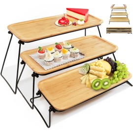 FINESSY 3 Tier Serving Tray for Party Dessert and Appetizer Stand, Wooden Three Tiered Serving Tray Stand & Platter Tower Plate for Food Fruit Cookie Afternoon Tea Hosting, Dessert Table Display Set