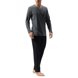 DAVID ARCHY Herren-Schlafanzug-Sets, Baumwolle, Loungewear-Set, atmungsaktiv und bequem, bequem, Schlafanzug-Set, Dunkelgrau und schwarzer V-Ausschnitt, XXL