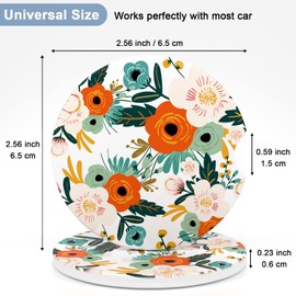 Nipichsha Car Coasters for Cup Holders, 2 Pack Absorbent Ceramic Car Cup Holder Coaster for Drinks, Cute Auto Assecories for Women Men, Size 2.56 in with Finger Notch & Cork Base, Bright Flowers