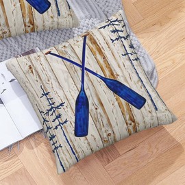 Doitely Set of 2 Rustic Wood and Blue Boat Paddle Decorative Throw Pillow Covers 18x18 Inch Nautical Lake House Cabin Decor Cushion Cases for Sofa Couch Bedroom