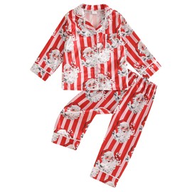 Geagodelia Toddler Baby Girl Silky Satin Christmas Pyjamas Sets Long Sleeve Button Down Top and Bottoms Girls My First Christmas Pjs Cute Print Christmas Pajamas (Santa Striped Red, 18-24 Months)