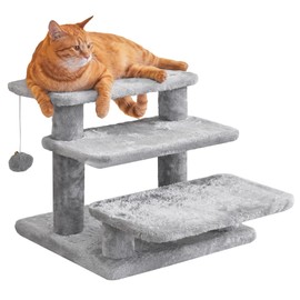 Furcato 15''H Multi-Step Pet Stairs for High Beds & Sofas, 3-Step Cat Stairs with 2 Toy Balls, Wide Boards for Indoor Kittens Dogs Pets Climbing, Light Grey