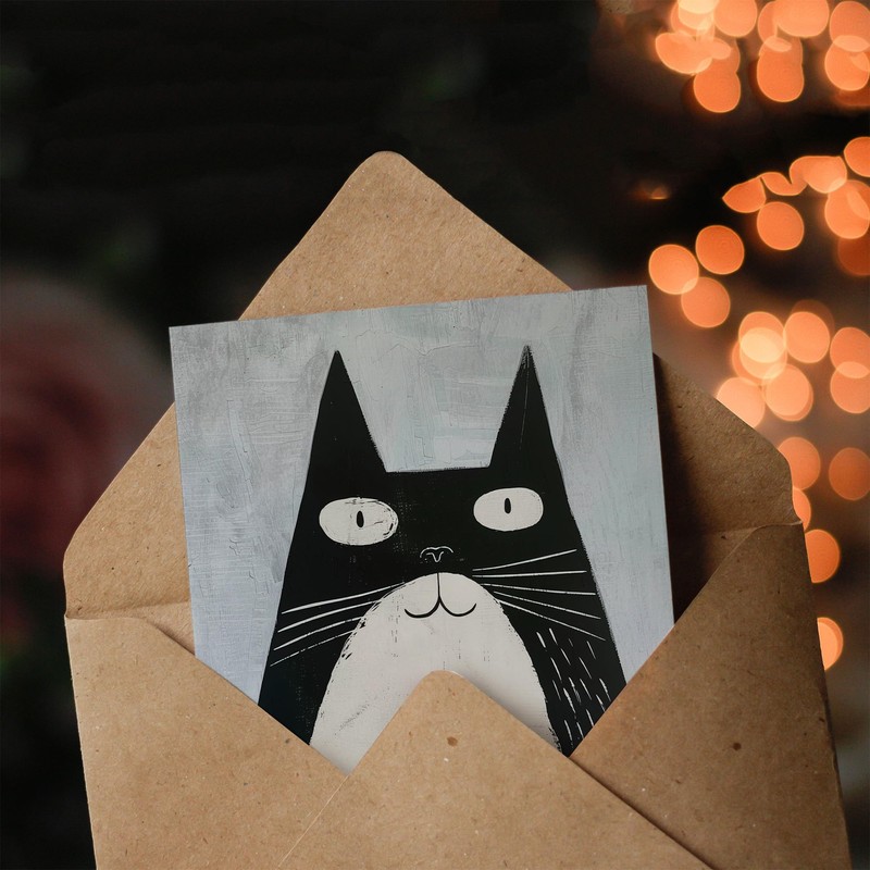 Artery8 Greeting Card Cute Black White Tuxedo Cat Lover Pet