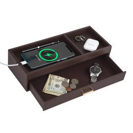 HofferRuffer Valet Jewelry Tray Organizer with Drawer, Faux Leather Storage Catchall Box Phone Charging Station Tray with Dresser Nightstand Desktop Drawer Organizer (Dark Brown)