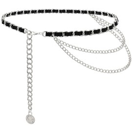 Liutufy Multi-layer Body Belly Chain Stylish Metallic Leather Waist Chain for Women (Silver Black L)