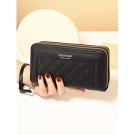 Women's Solid Color Quilted Long Wallet, Fashionable Double Zipper Around Coin Purse, Minimalist Design Multi-functional Wallet for Daily Used - Color: Black, Size: one-size