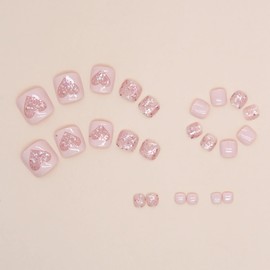 BABALAL Square Press on Toenails Short Fake Toe Nails Pink Glitter Glue on ToeNails Shiny Acrylic Toe Nails 24Pcs Squoval False Toe Nails for Women and Girls