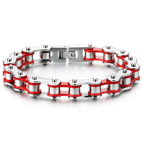 COOLSTEELANDBEYOND Masculine Mens Bike Chain Bracelet of Stainless Steel Red