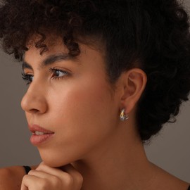 LeCalla 925 Sterling Silver Omega Back Earrings Jewelry Two-Tone Antique 14K Gold-Plated Bar Caviar Omega Back Large Stud Earrings for Women 17 MM